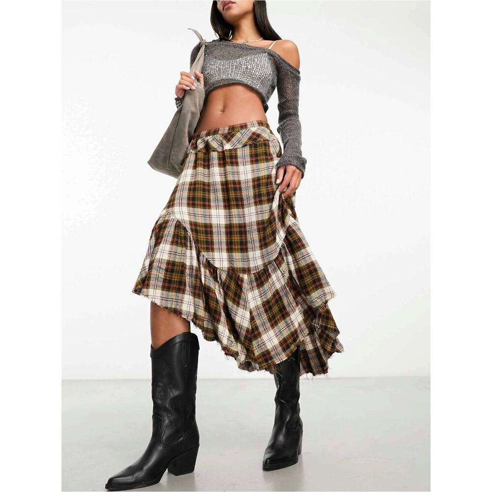 Free People Grunge 90s Asymmetrical Distressed Plaid Marcelline Maxi Skirt Small - Picture 6 of 16